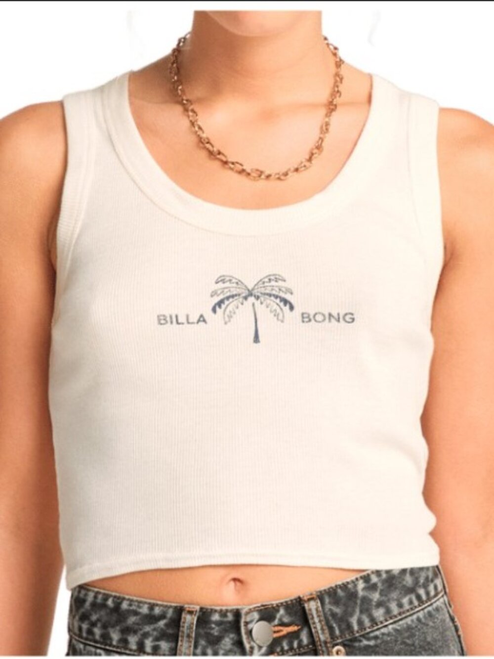 Billabong Tank Top Women's XS White Ribbed Crop Palm Logo Sleeveless Stretch